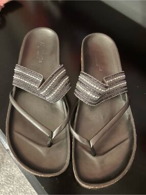 Women's Black Beaded Thong Sandals